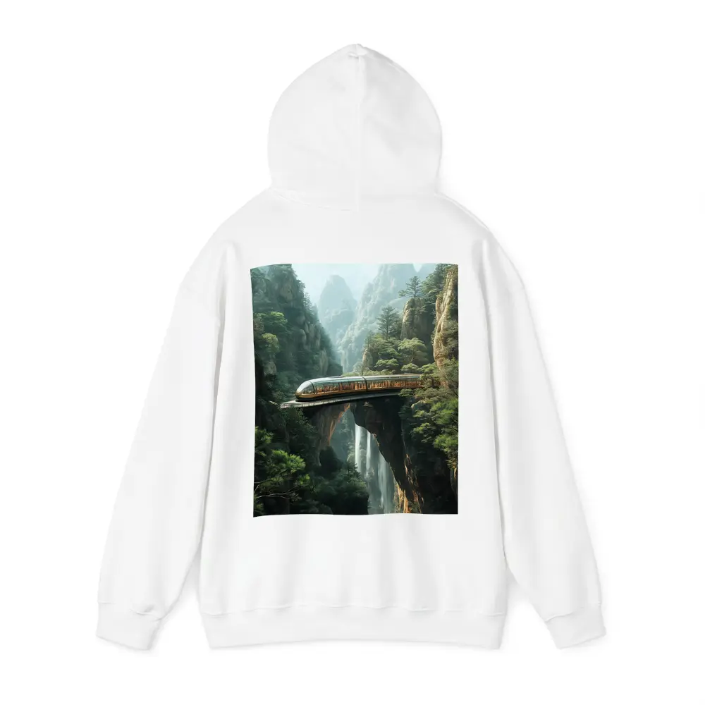 Futuristic Train Over Misty Mountain Waterfall – Hoodies