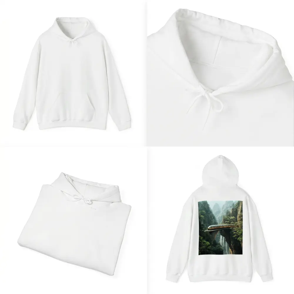 Futuristic Train Over Misty Mountain Waterfall – Hoodies