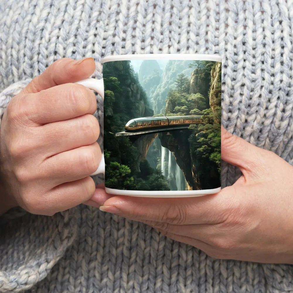 Futuristic Train Over Misty Mountain Waterfall – Mugs