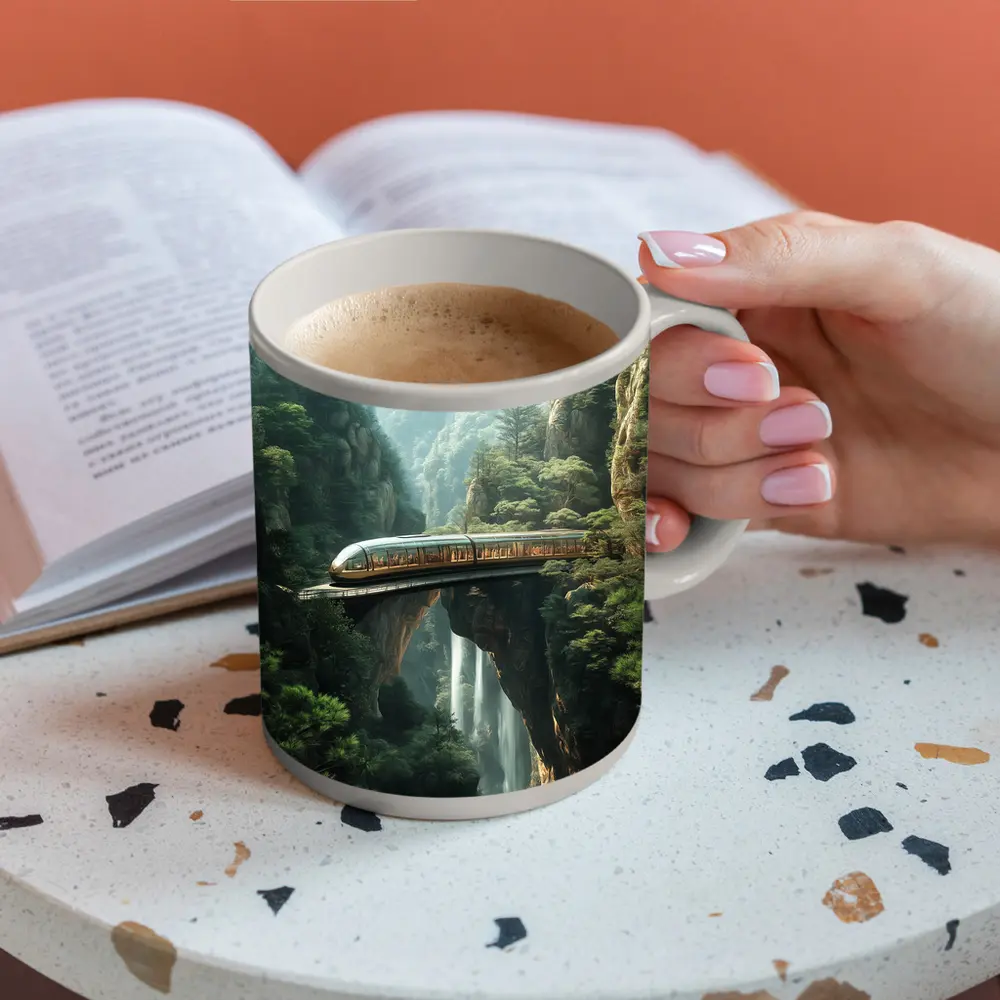 Futuristic Train Over Misty Mountain Waterfall – Mugs