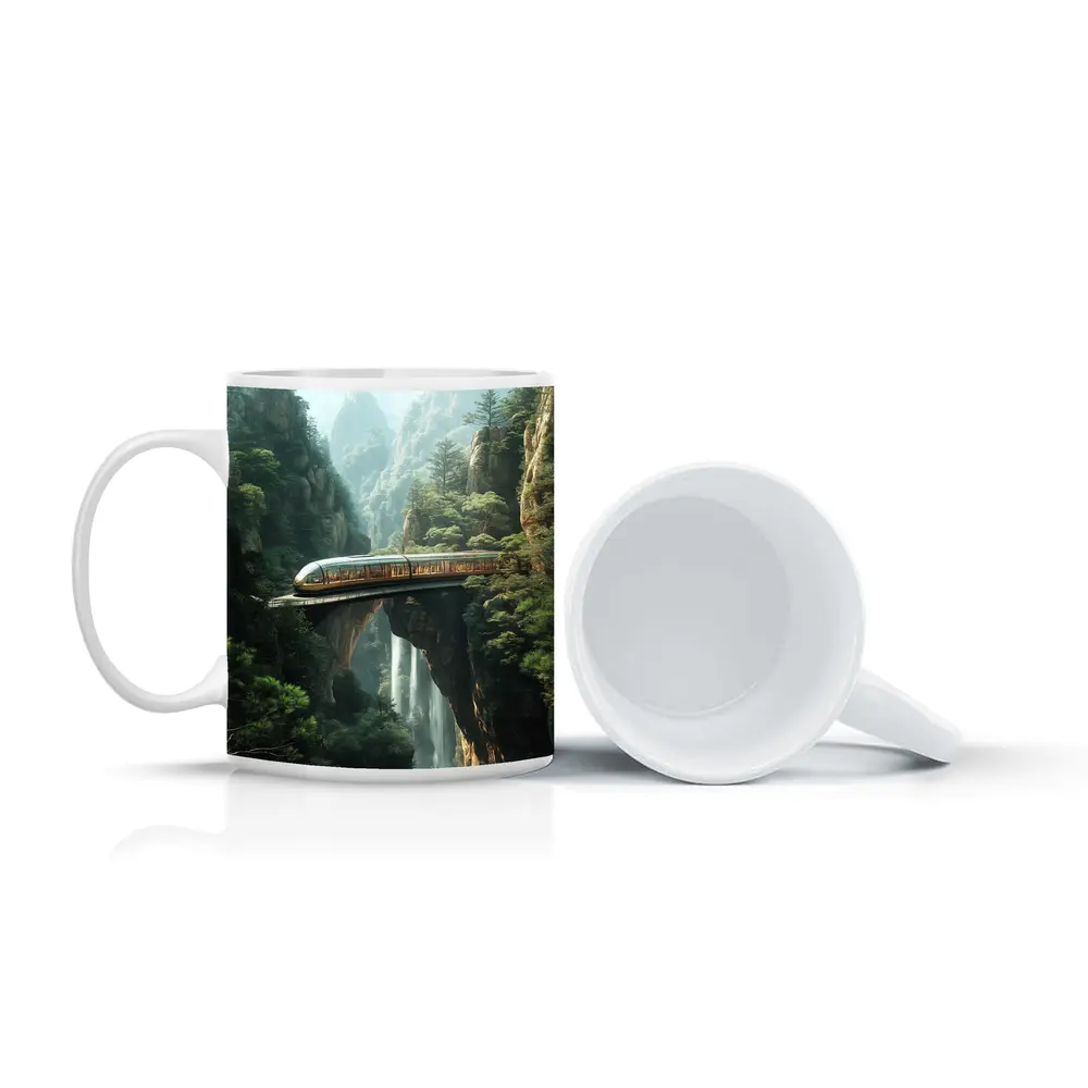 Futuristic Train Over Misty Mountain Waterfall – Mugs