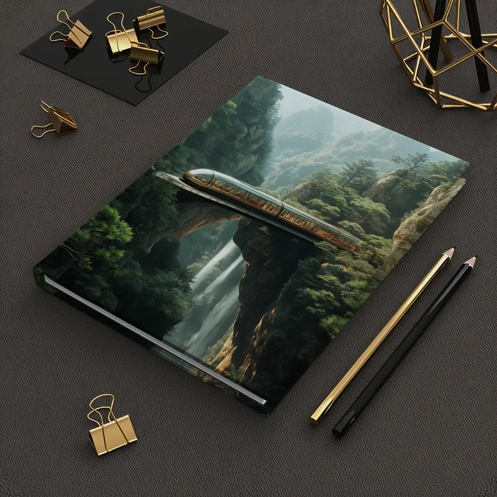 Futuristic Train Over Misty Mountain Waterfall – Notebooks