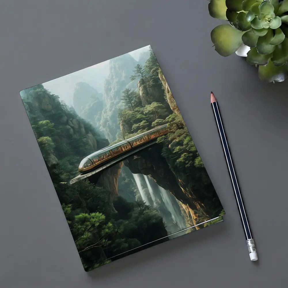 Futuristic Train Over Misty Mountain Waterfall – Notebooks