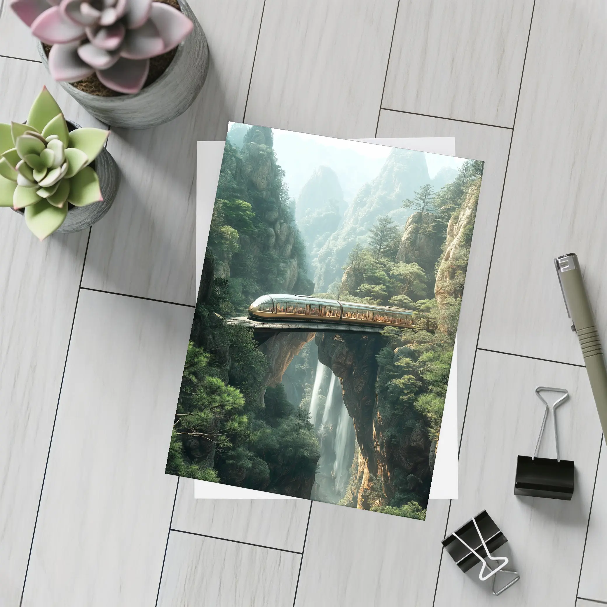 Futuristic Train Over Misty Mountain Waterfall – Postcards