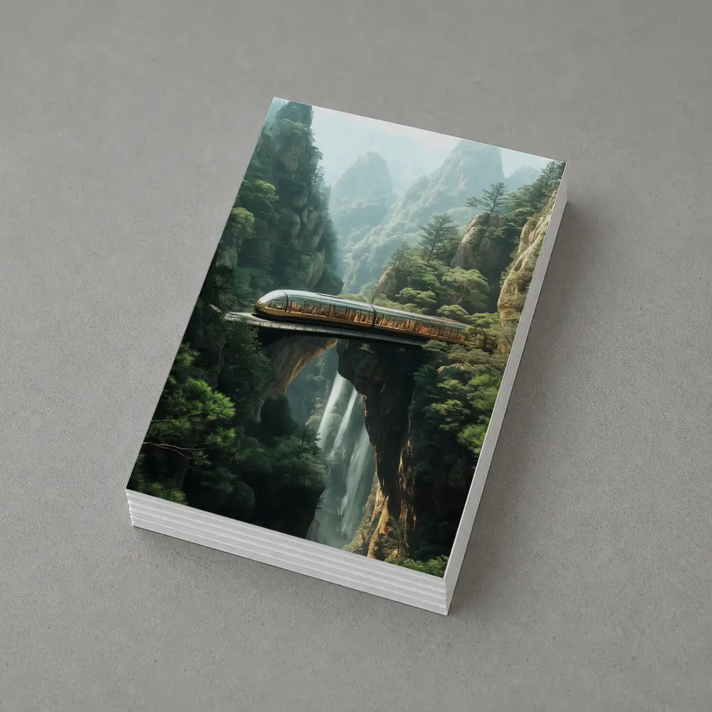Futuristic Train Over Misty Mountain Waterfall – Postcards