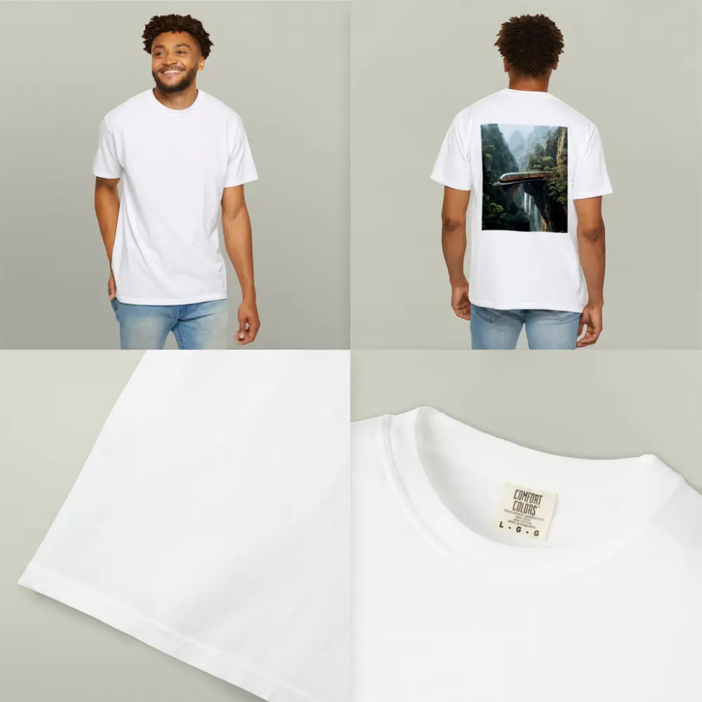 Futuristic Train Over Misty Mountain Waterfall – T-Shirts