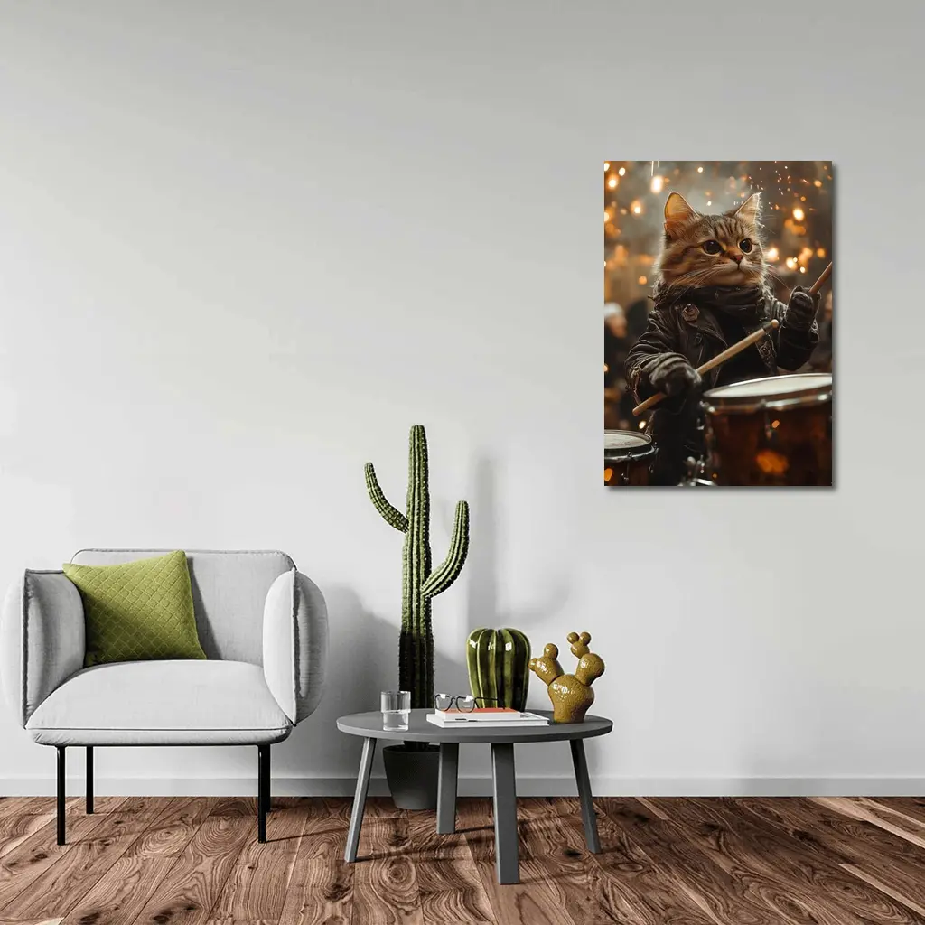 Tabby Cat Drummer Leather Jacket Sparks – Wall Art