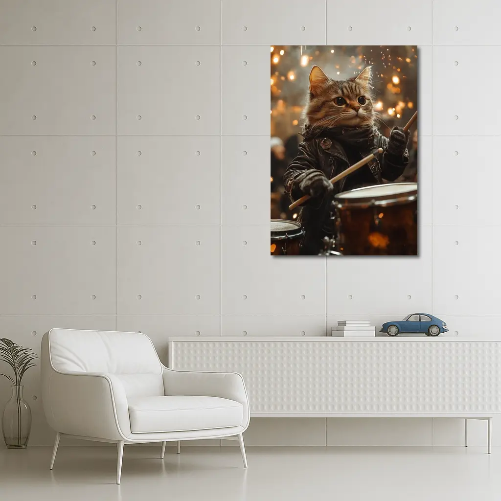 Tabby Cat Drummer Leather Jacket Sparks – Wall Art