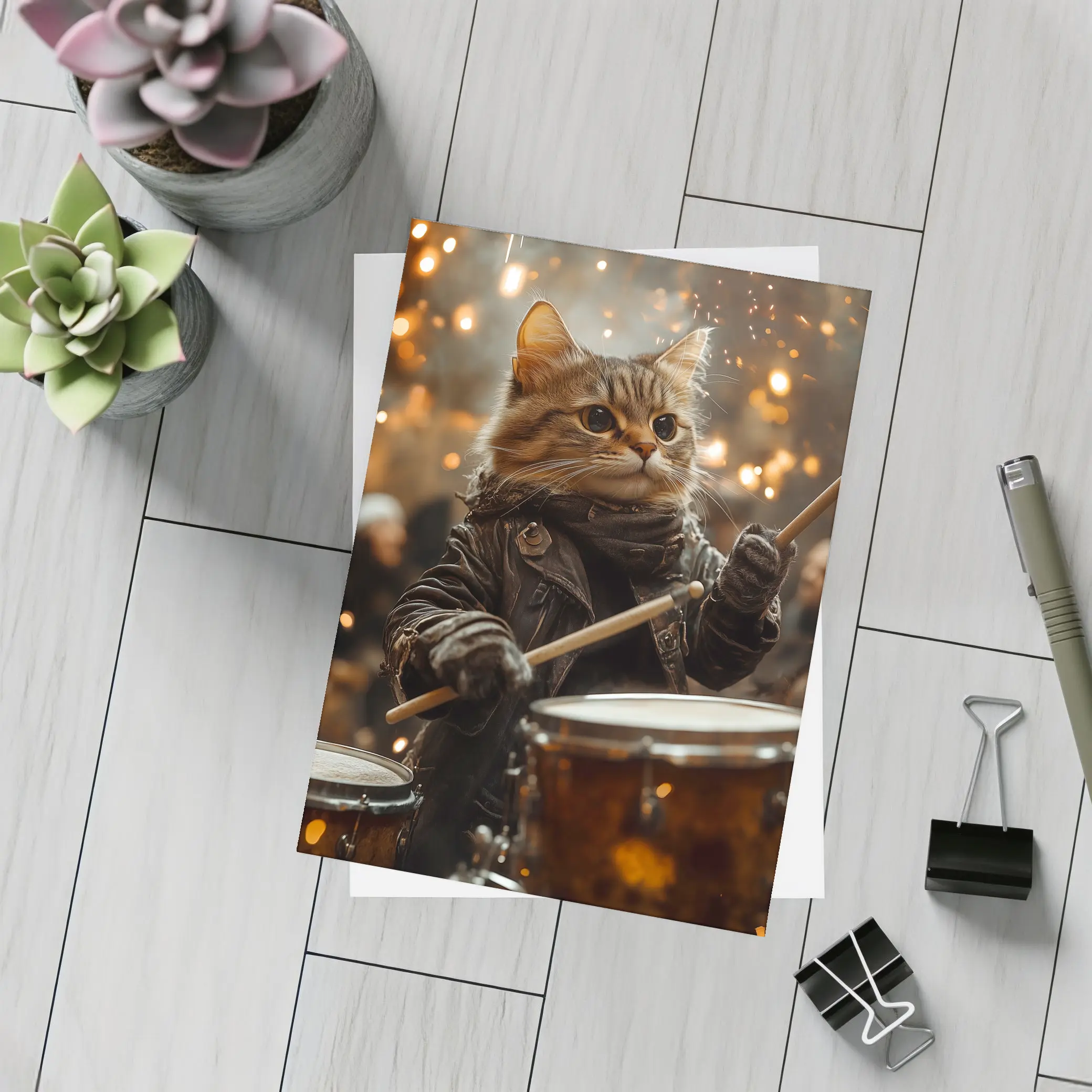 Tabby Cat Drummer Leather Jacket Sparks – Postcards
