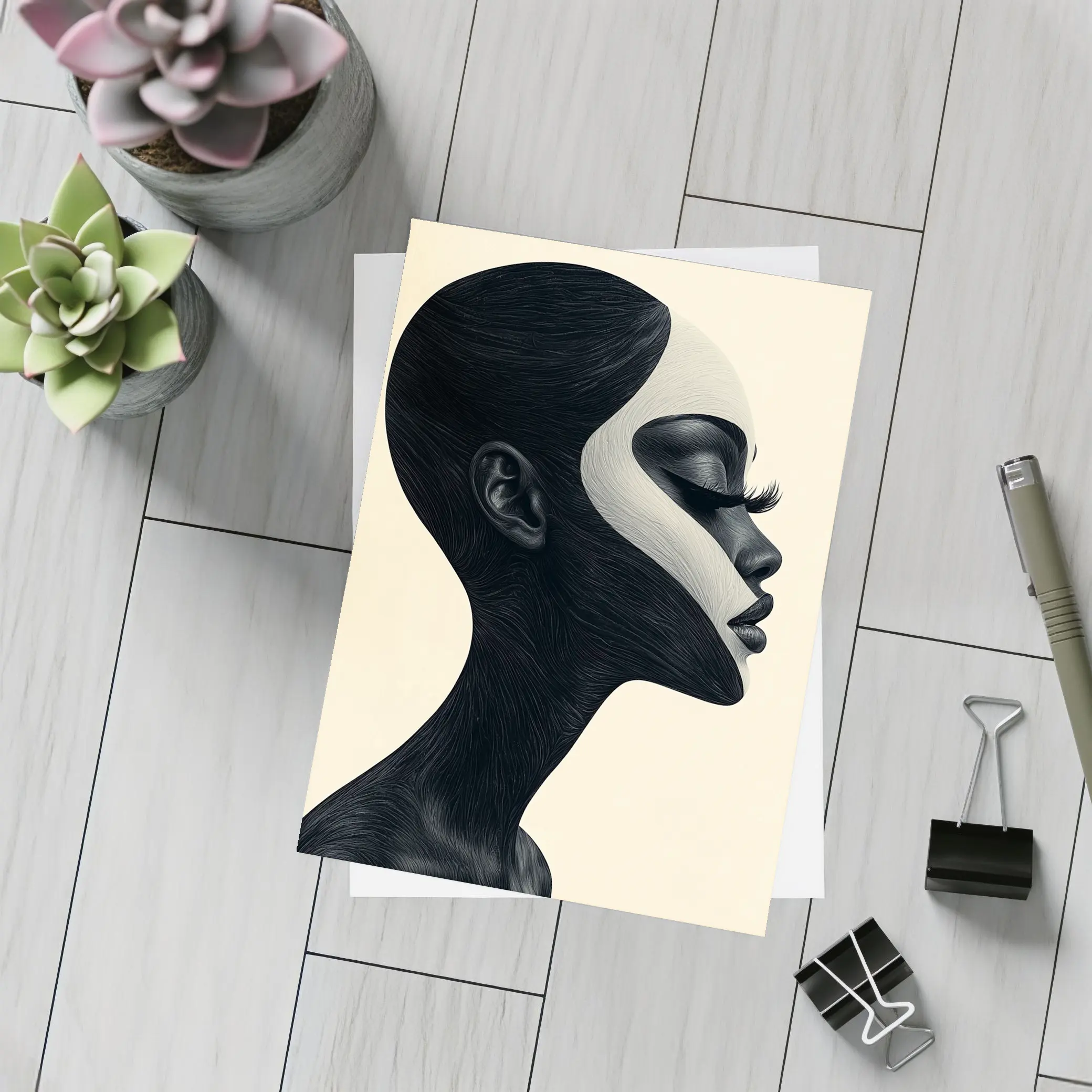 Black White Profile Portrait Abstract Art – Postcards