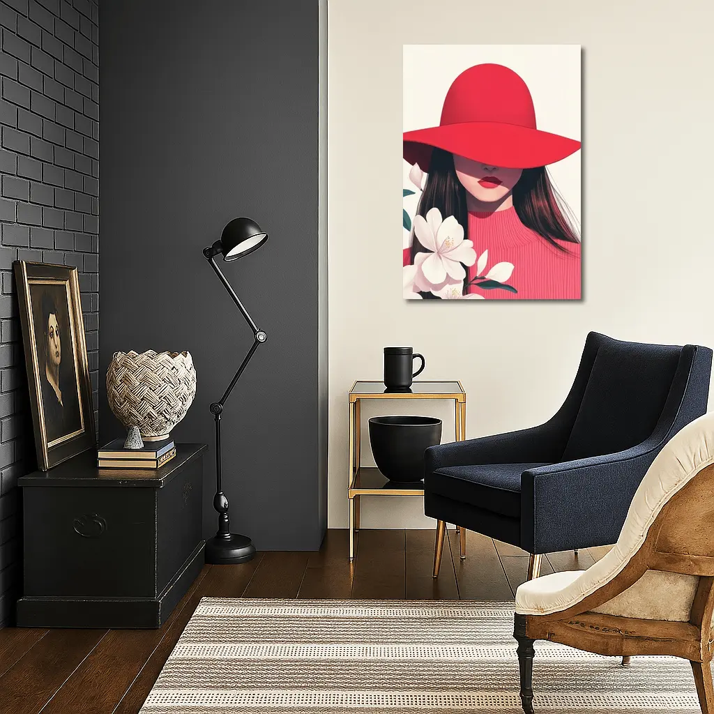 Woman Red Hat White Flowers Minimal Art – Wall Art
