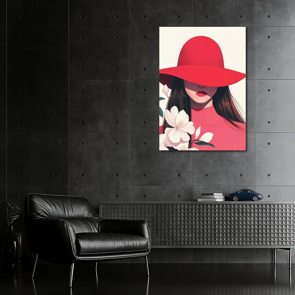 Woman Red Hat White Flowers Minimal Art – Wall Art