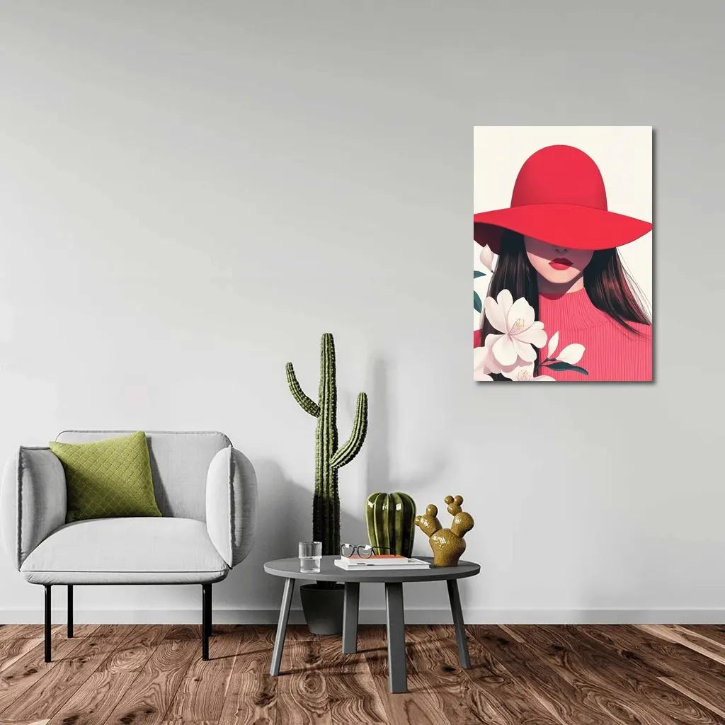 Woman Red Hat White Flowers Minimal Art – Wall Art