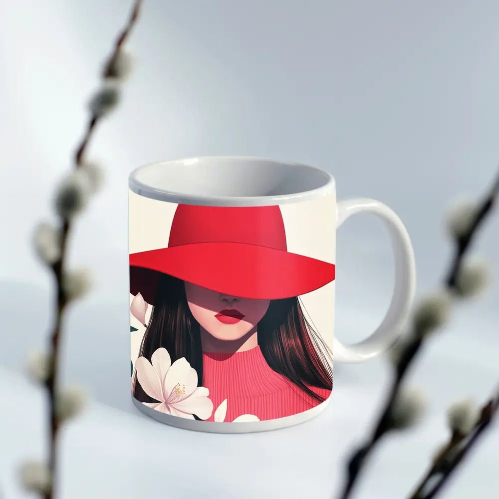 Woman Red Hat White Flowers Minimal Art – Mugs