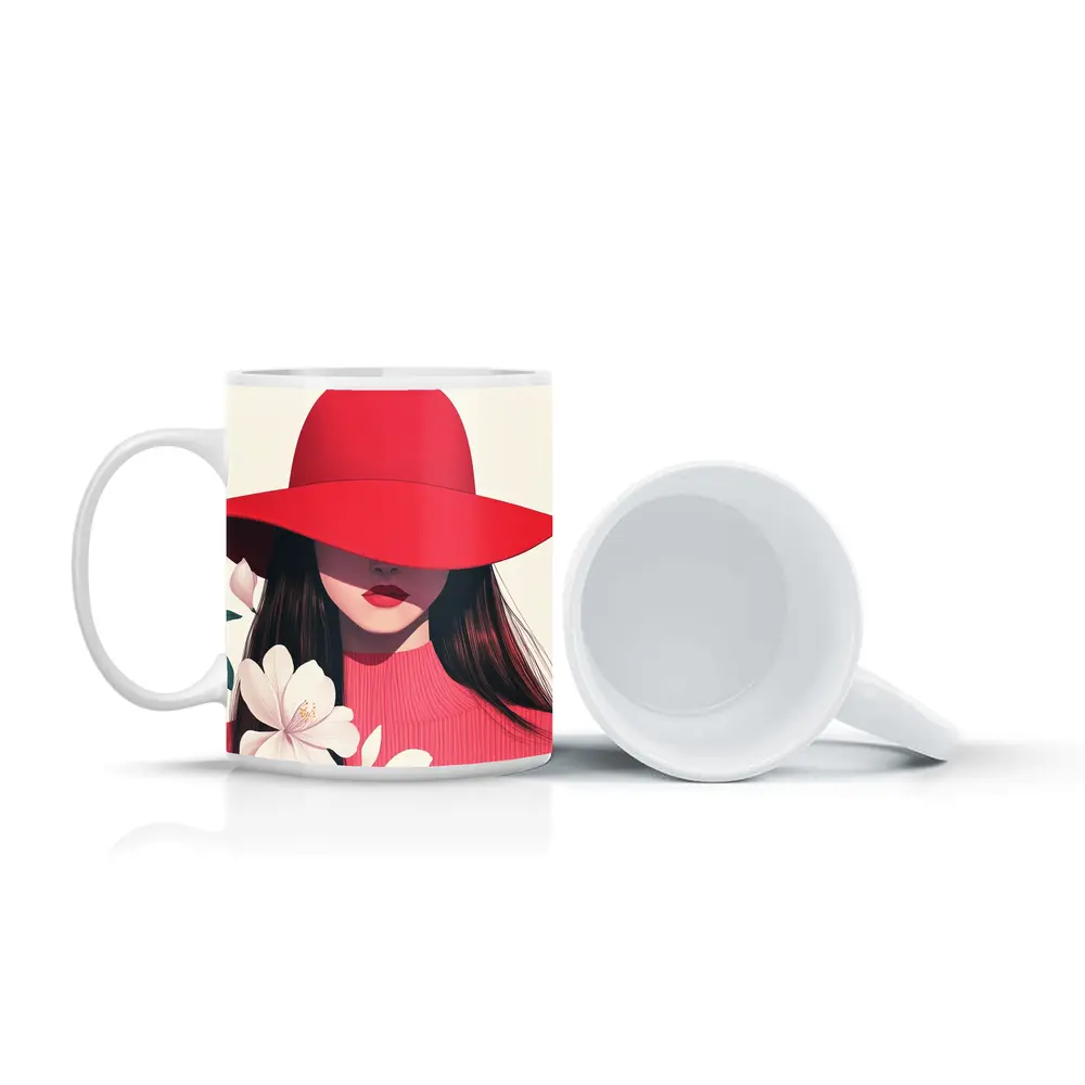 Woman Red Hat White Flowers Minimal Art – Mugs