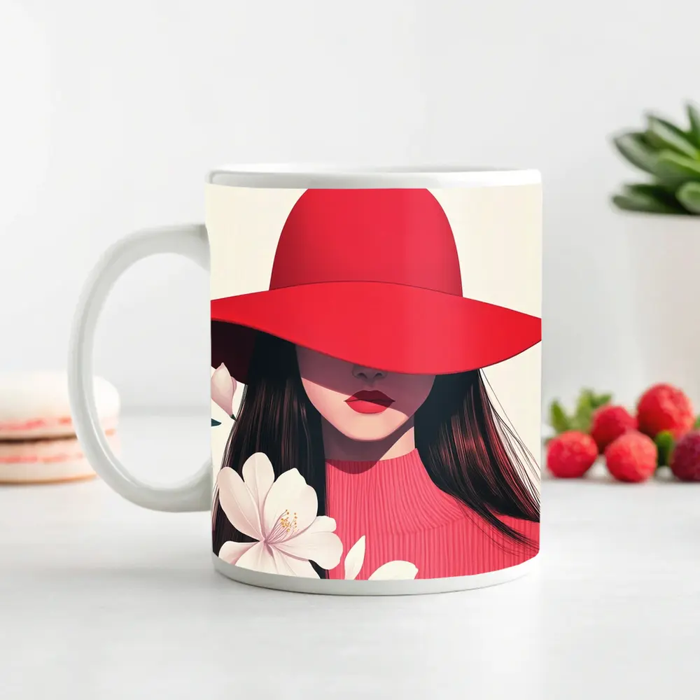 Woman Red Hat White Flowers Minimal Art – Mugs