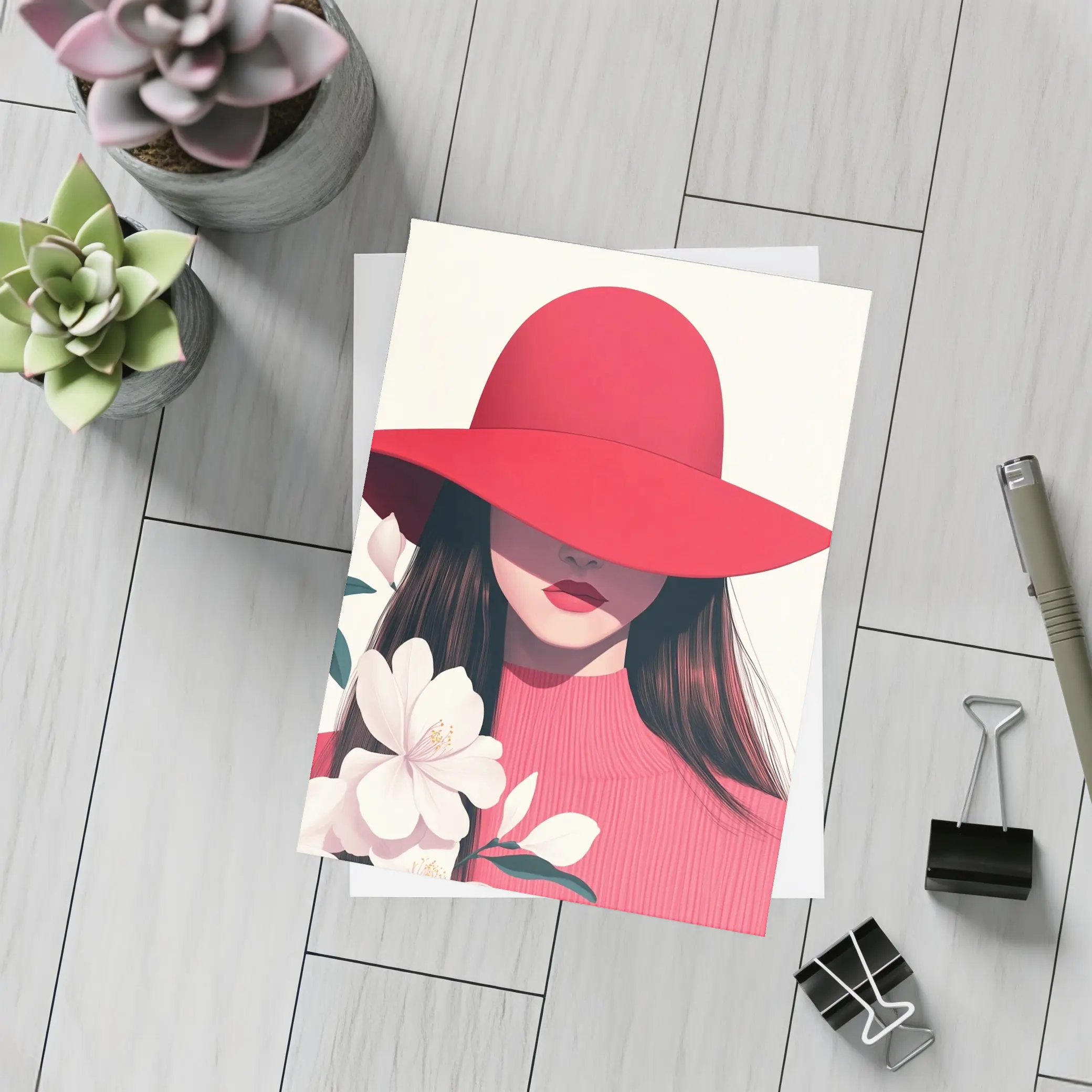 Woman Red Hat White Flowers Minimal Art – Postcards