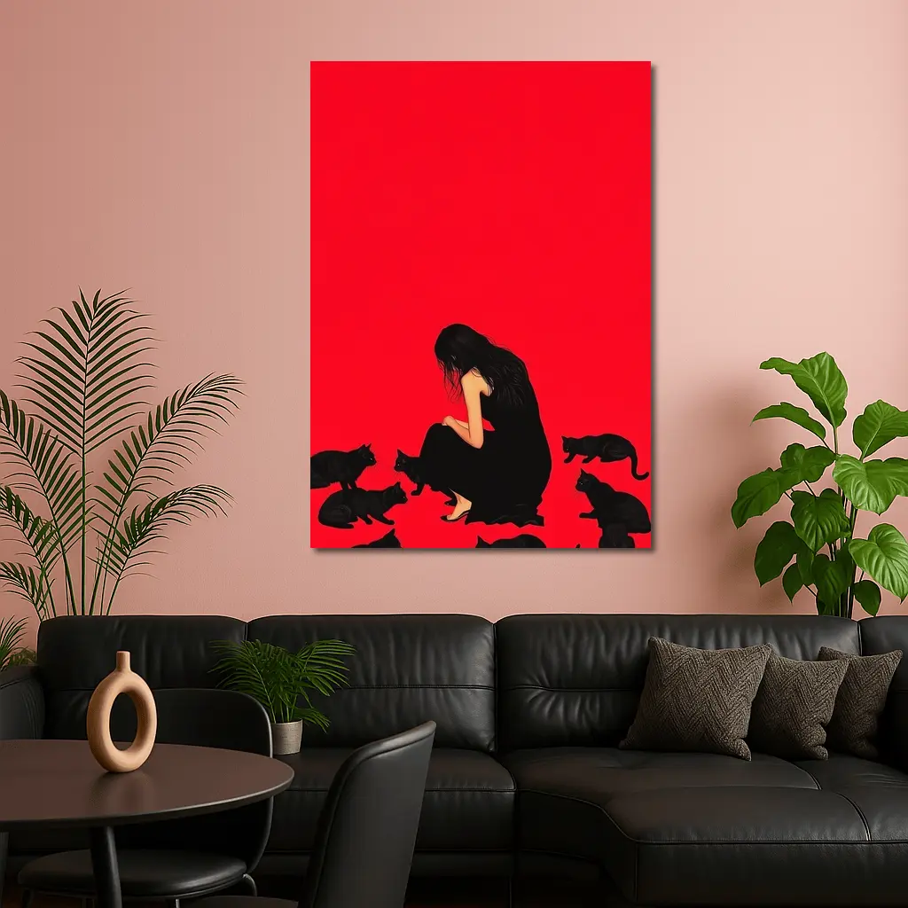 Woman Sitting With Black Cats Red Background – Wall Art