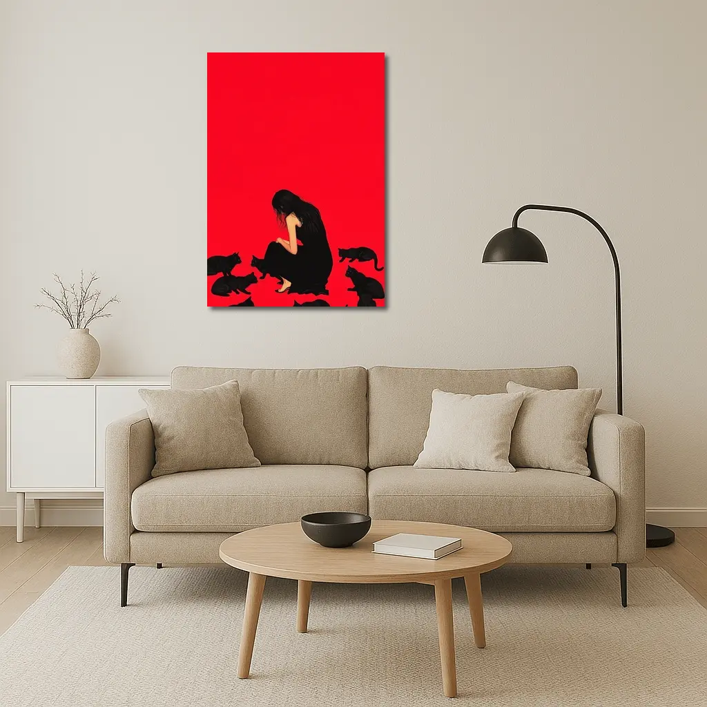 Woman Sitting With Black Cats Red Background – Wall Art