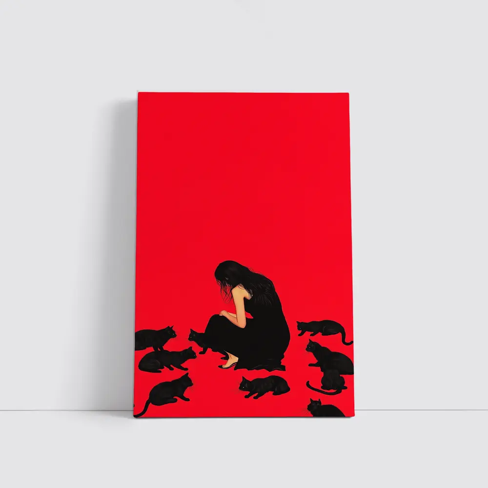 Woman Sitting With Black Cats Red Background – Wall Art