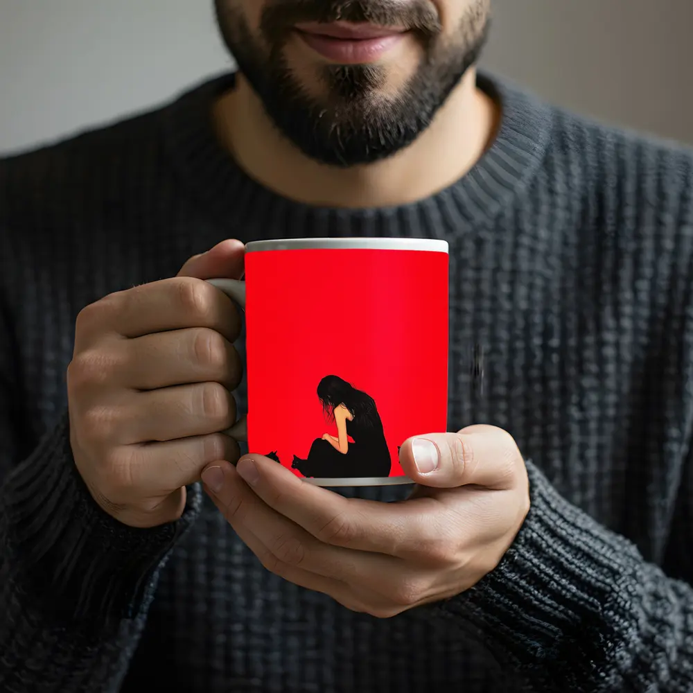 Woman Sitting With Black Cats Red Background – Mugs