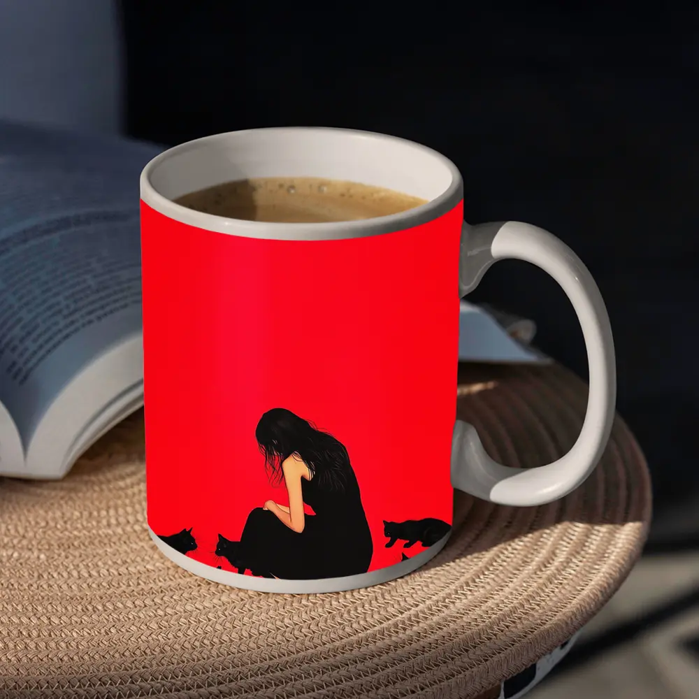 Woman Sitting With Black Cats Red Background – Mugs