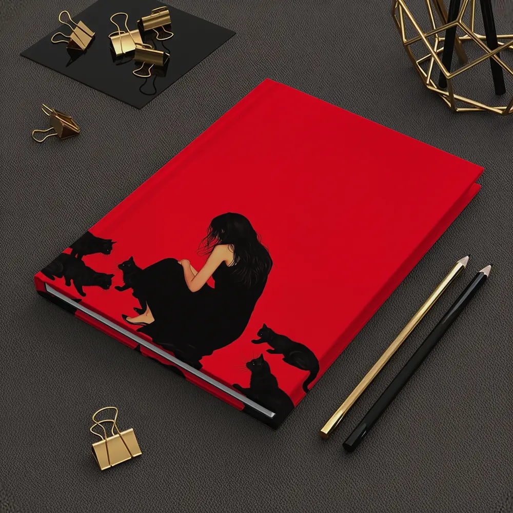 Woman Sitting With Black Cats Red Background – Notebooks
