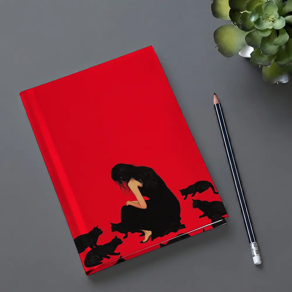 Woman Sitting With Black Cats Red Background – Notebooks