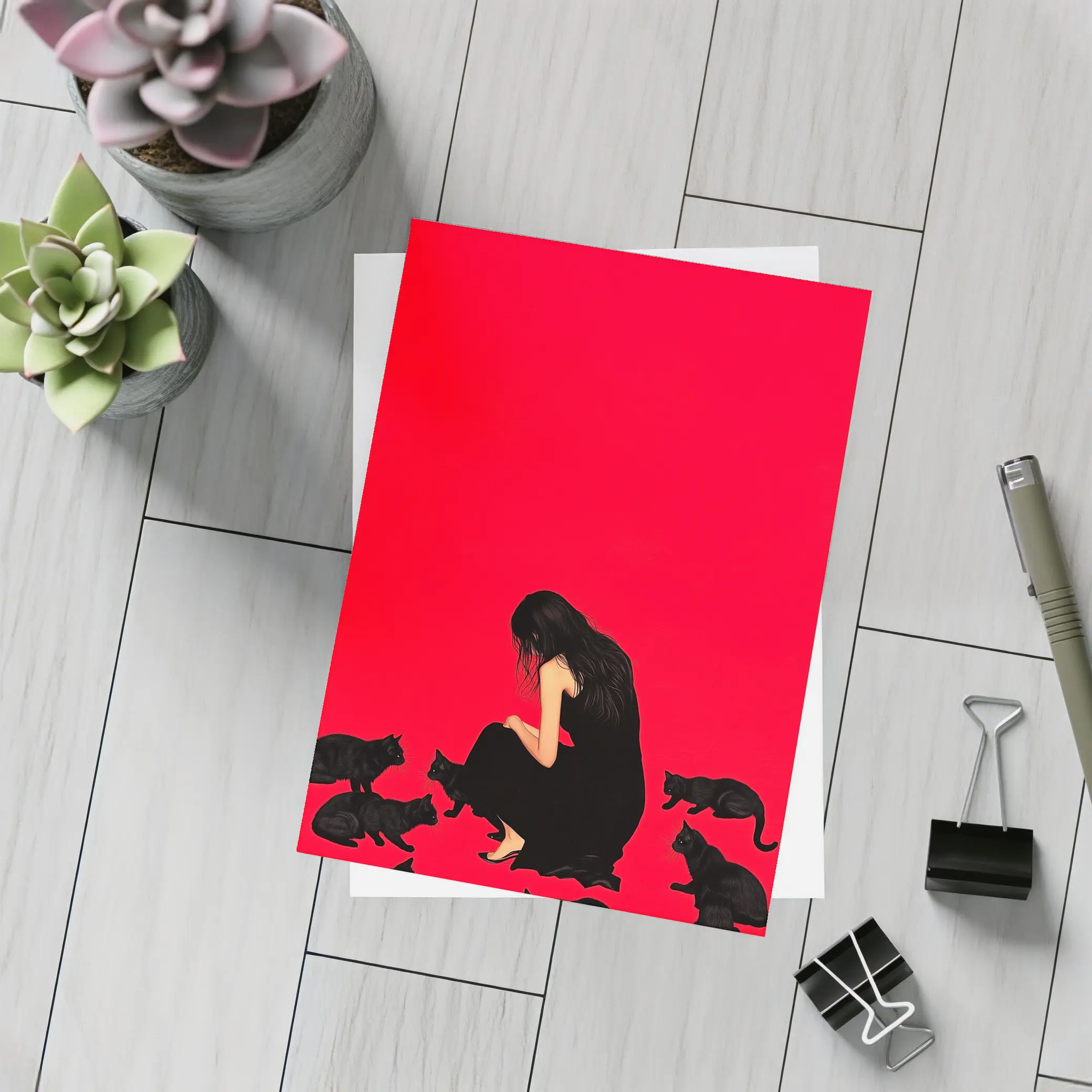 Woman Sitting With Black Cats Red Background – Postcards