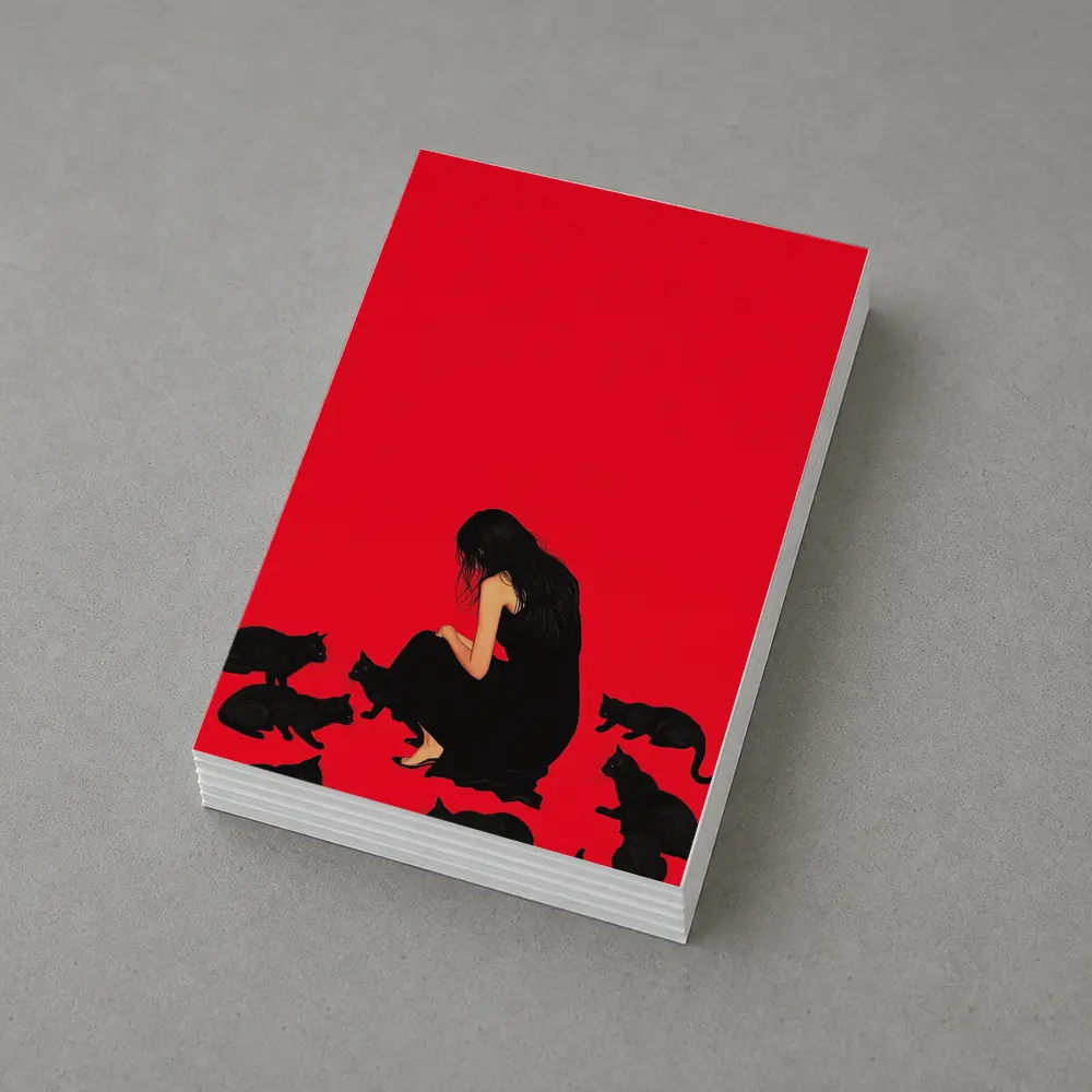 Woman Sitting With Black Cats Red Background – Postcards