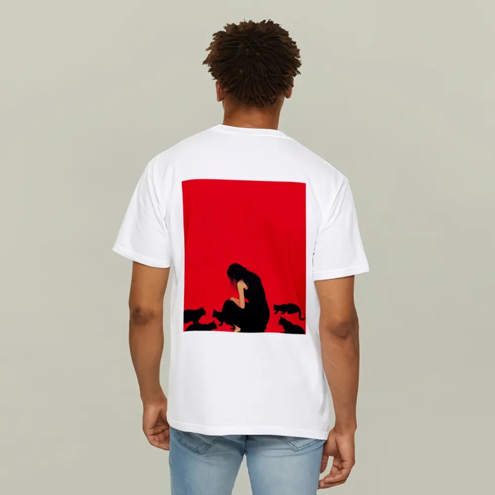 Woman Sitting With Black Cats Red Background – T-Shirts