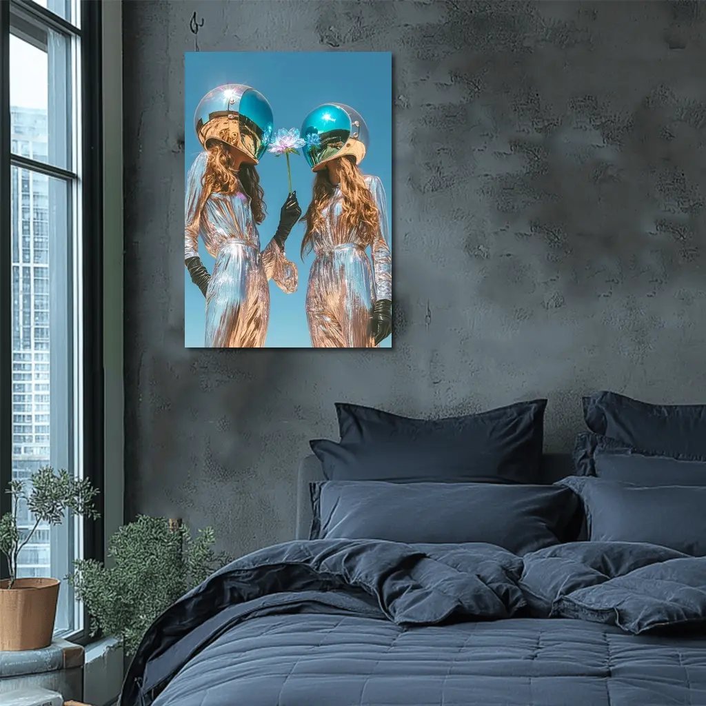 Two Women Astronaut Helmets Silver Suits Sky – Wall Art