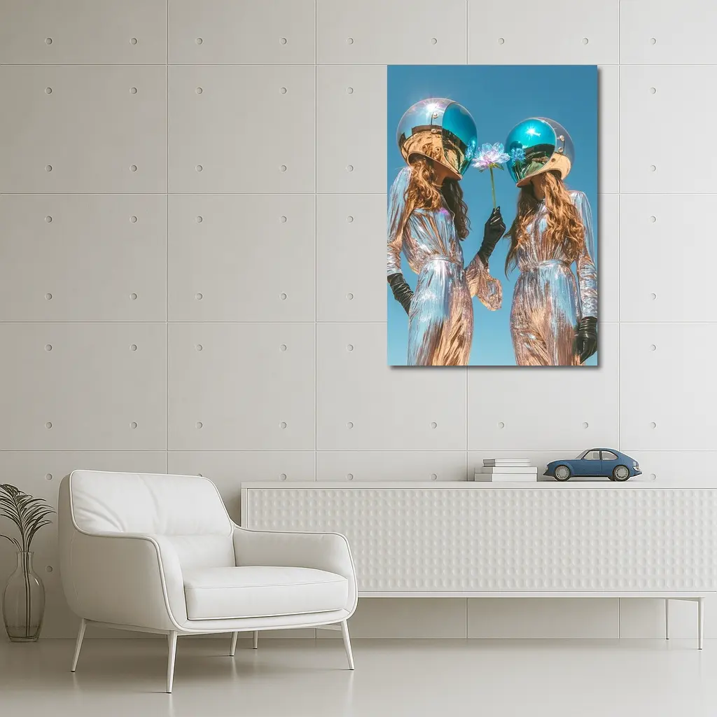 Two Women Astronaut Helmets Silver Suits Sky – Wall Art