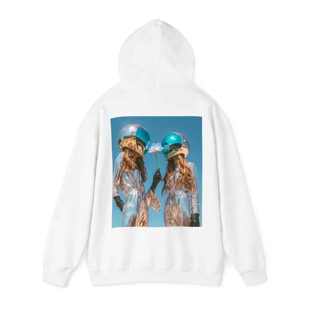Two Women Astronaut Helmets Silver Suits Sky – Hoodies