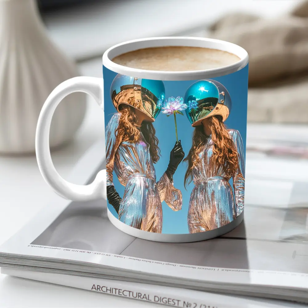 Two Women Astronaut Helmets Silver Suits Sky – Mugs