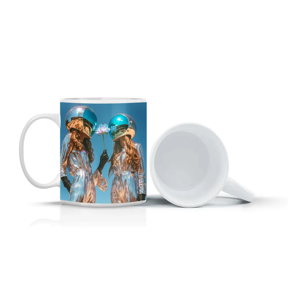 Two Women Astronaut Helmets Silver Suits Sky – Mugs