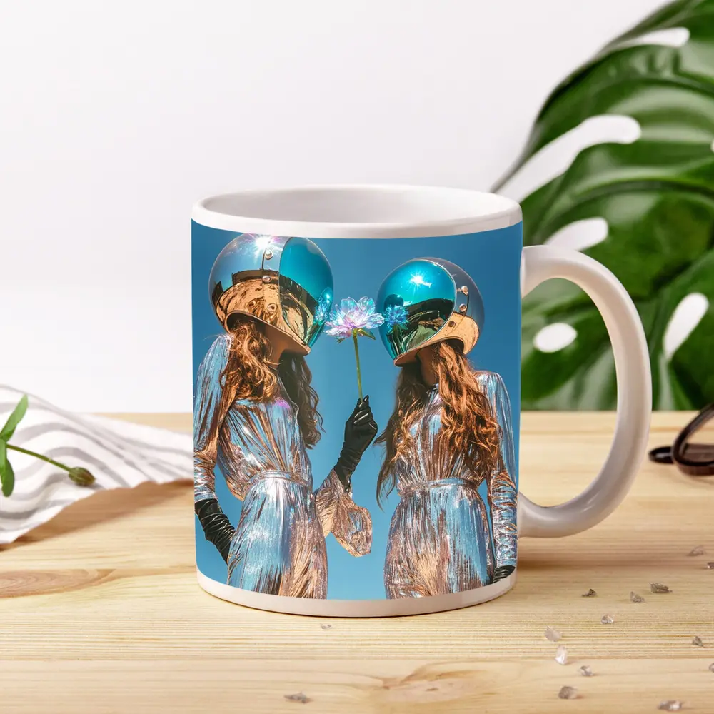 Two Women Astronaut Helmets Silver Suits Sky – Mugs