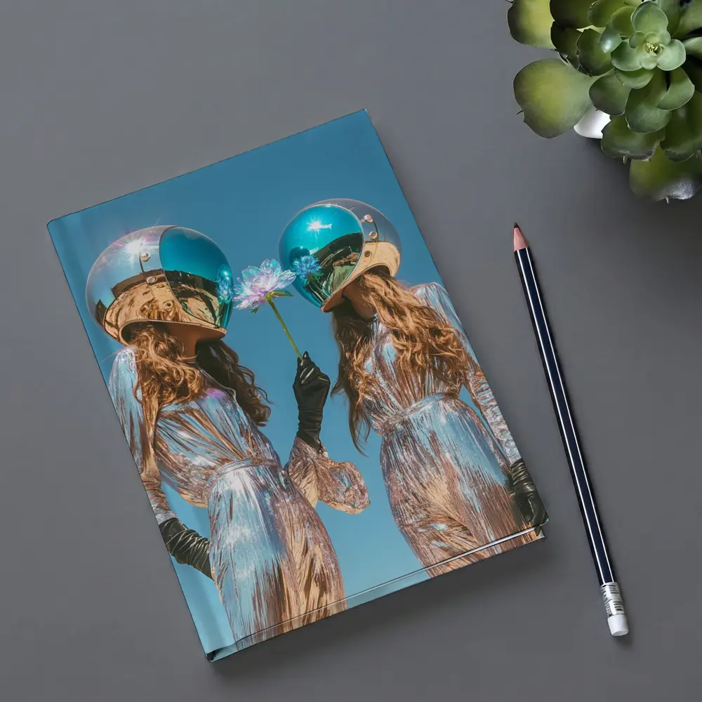 Two Women Astronaut Helmets Silver Suits Sky – Notebooks