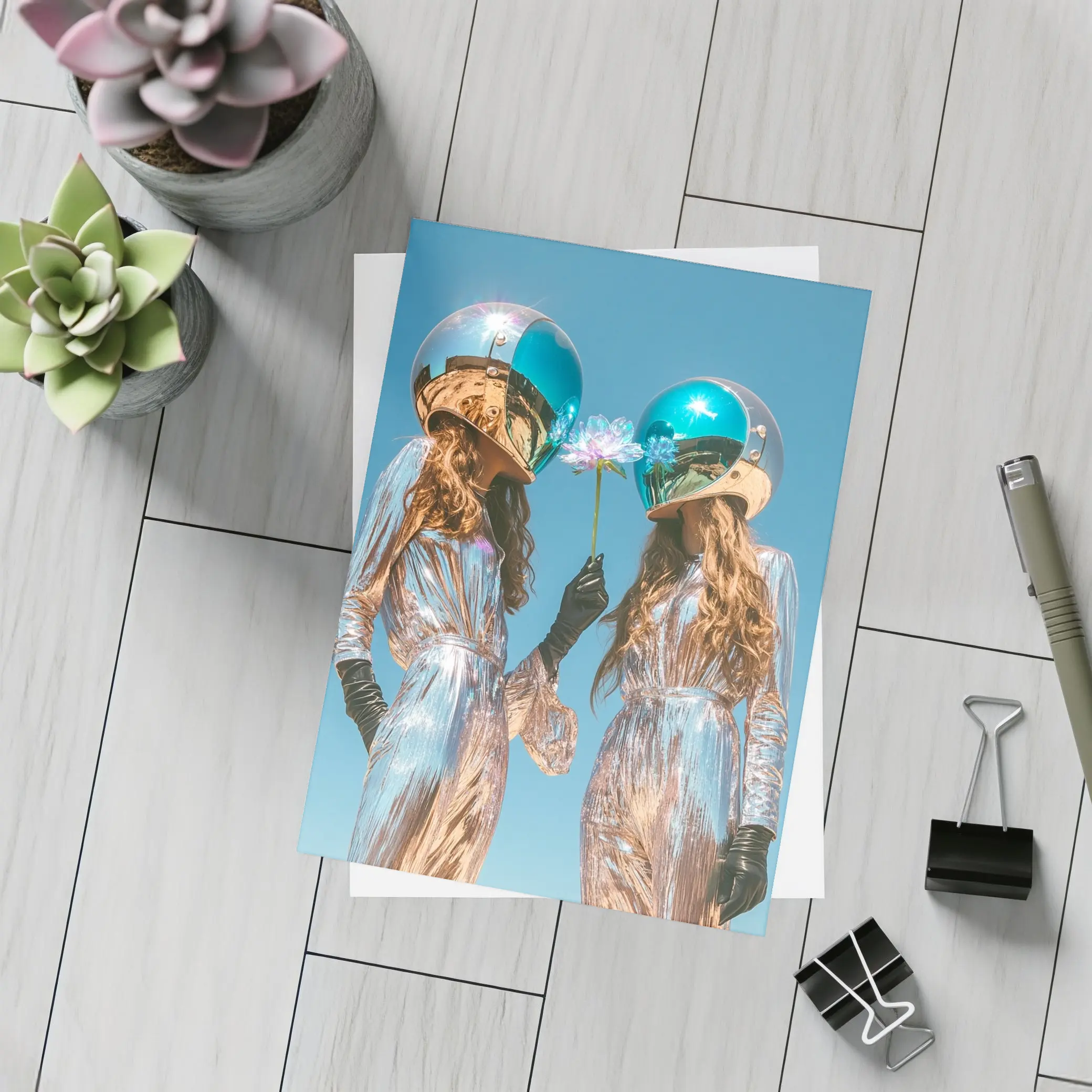 Two Women Astronaut Helmets Silver Suits Sky – Postcards