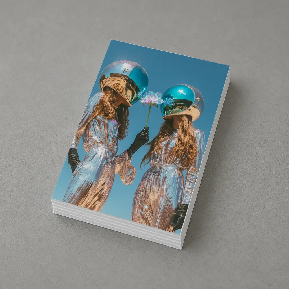 Two Women Astronaut Helmets Silver Suits Sky – Postcards
