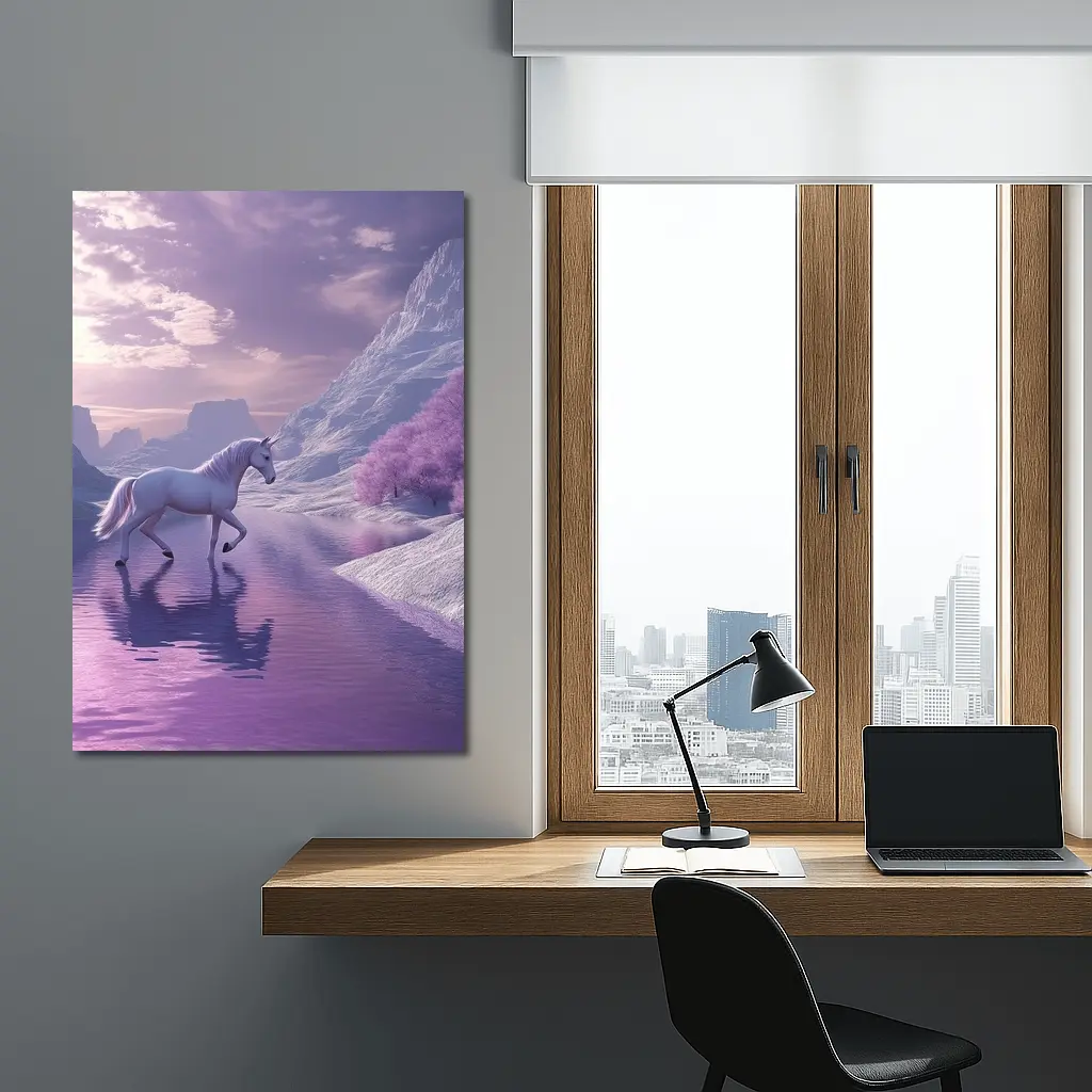 White Unicorn Walking Purple Winter Landscape – Wall Art