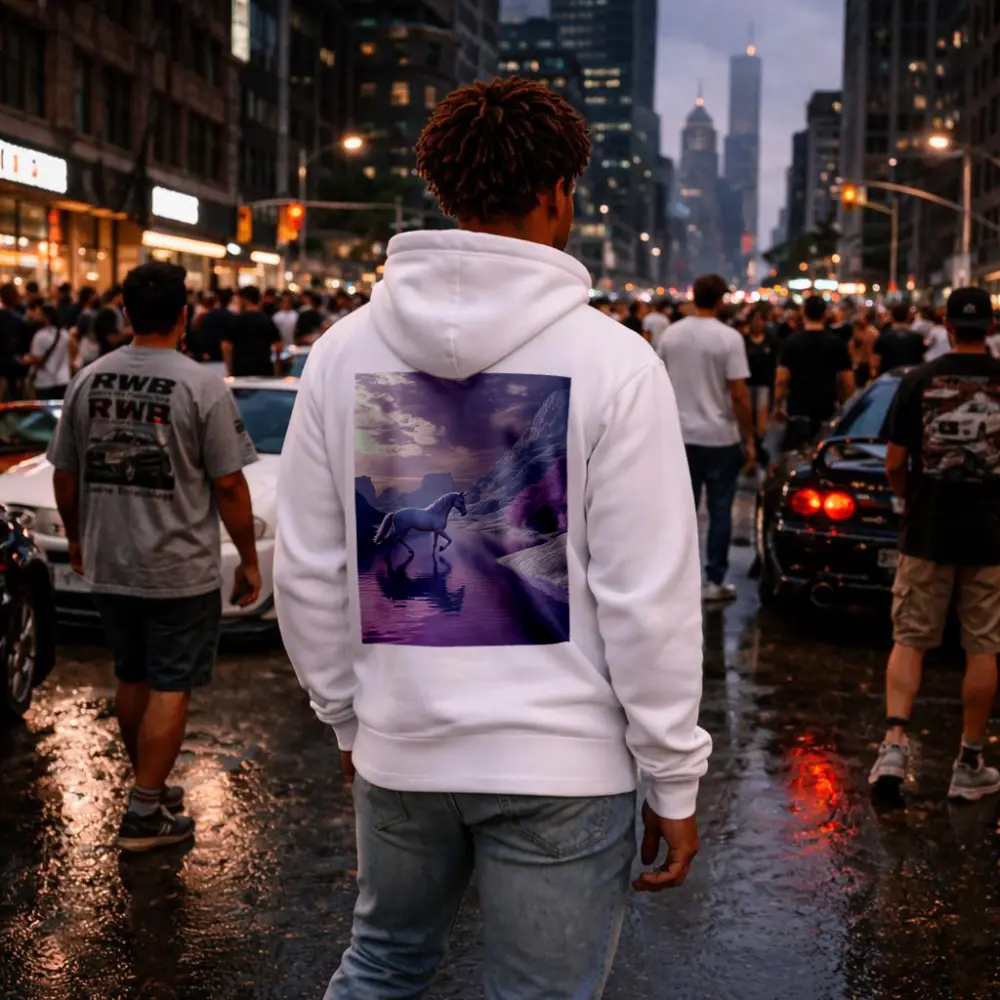 White Unicorn Walking Purple Winter Landscape – Hoodies
