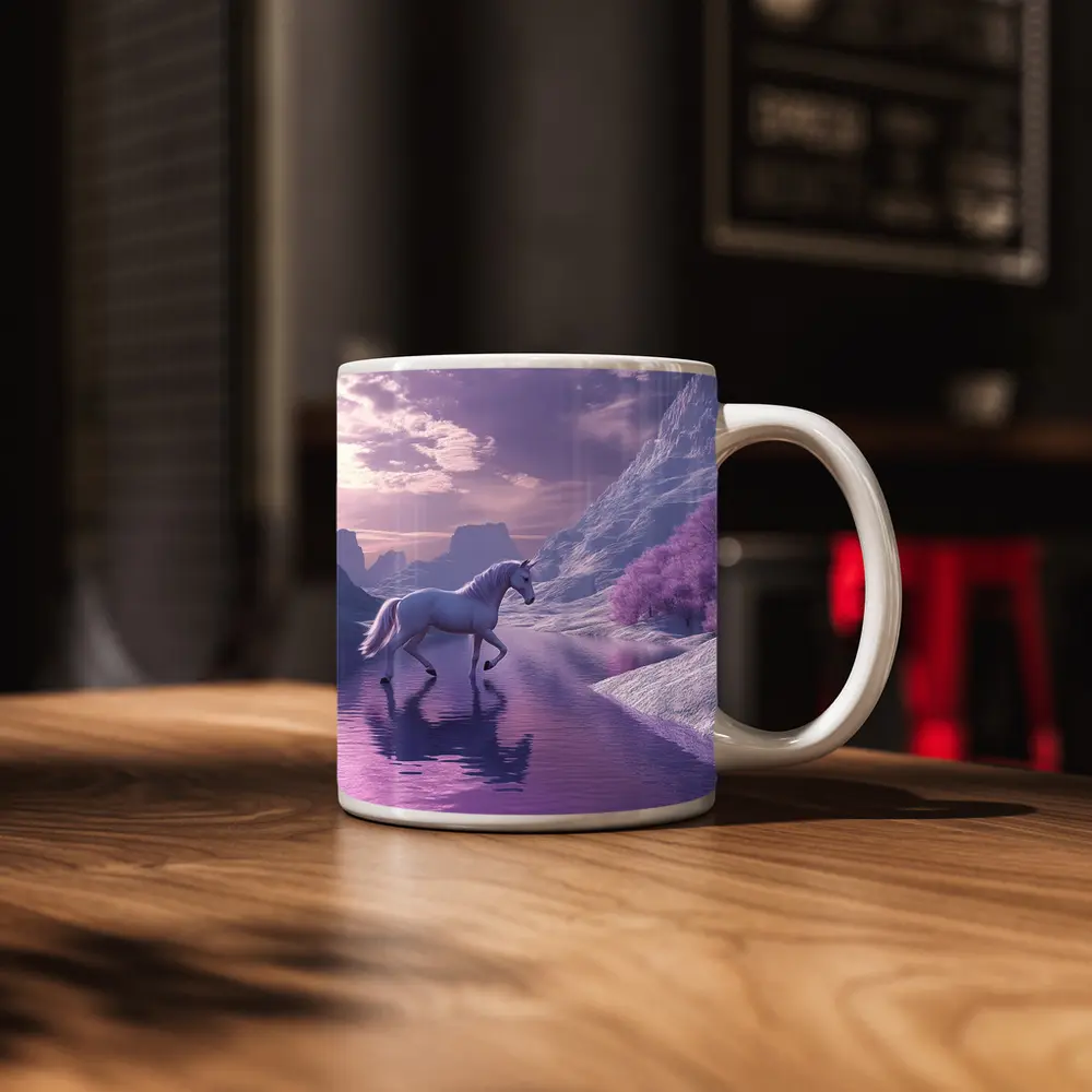 White Unicorn Walking Purple Winter Landscape – Mugs