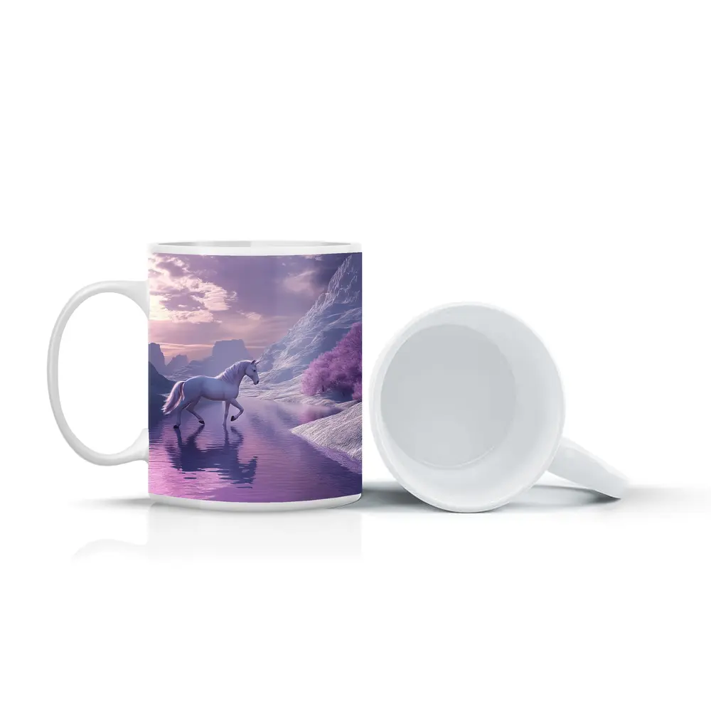 White Unicorn Walking Purple Winter Landscape – Mugs