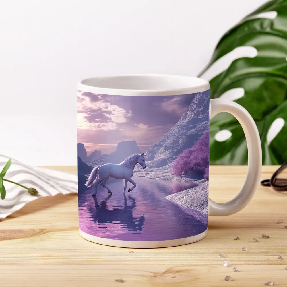 White Unicorn Walking Purple Winter Landscape – Mugs