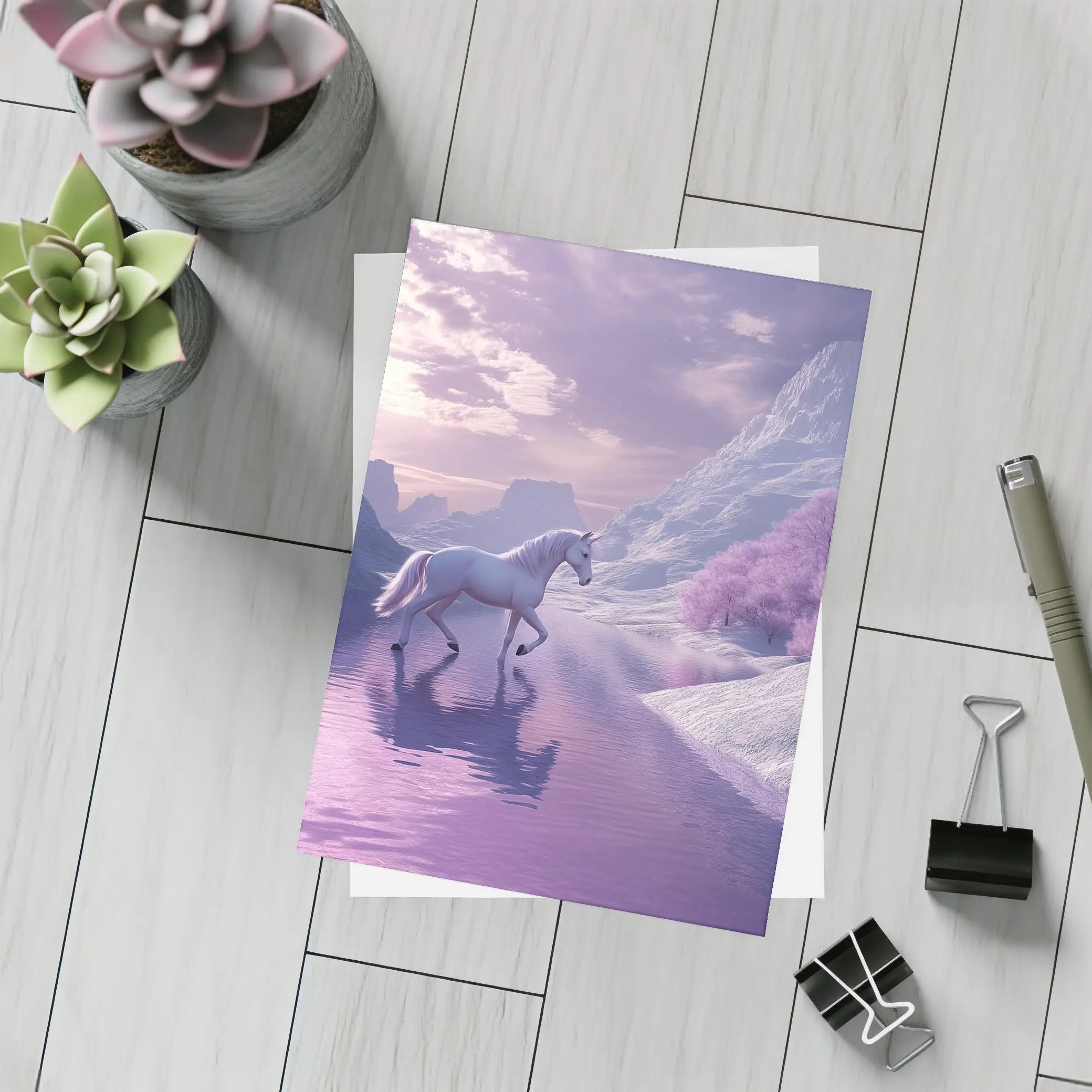 White Unicorn Walking Purple Winter Landscape – Postcards
