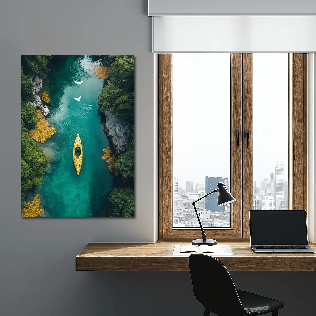 Yellow Kayak Aerial View Turquoise River – Wall Art
