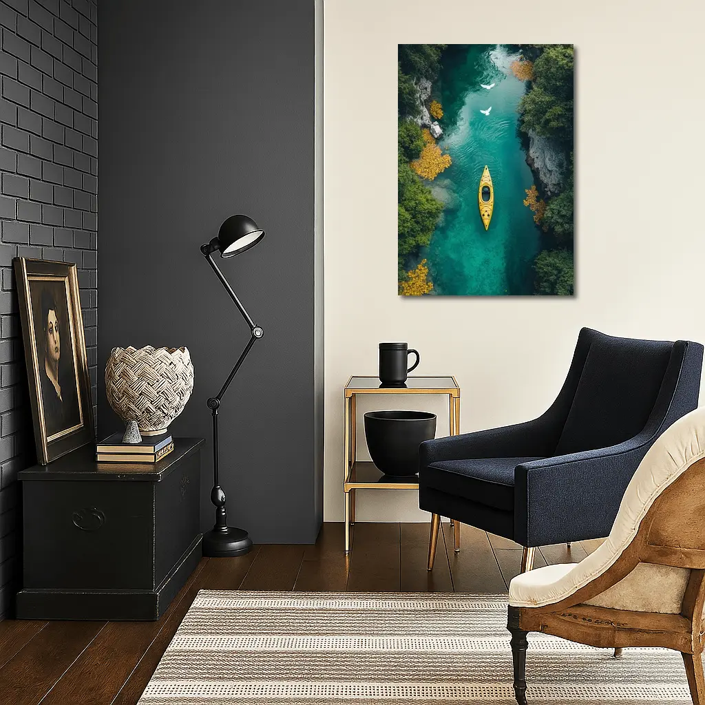 Yellow Kayak Aerial View Turquoise River – Wall Art