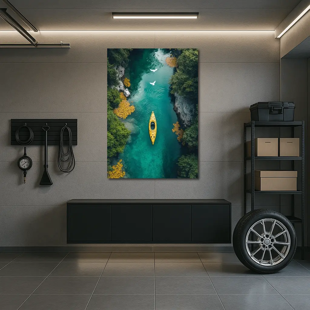 Yellow Kayak Aerial View Turquoise River – Wall Art
