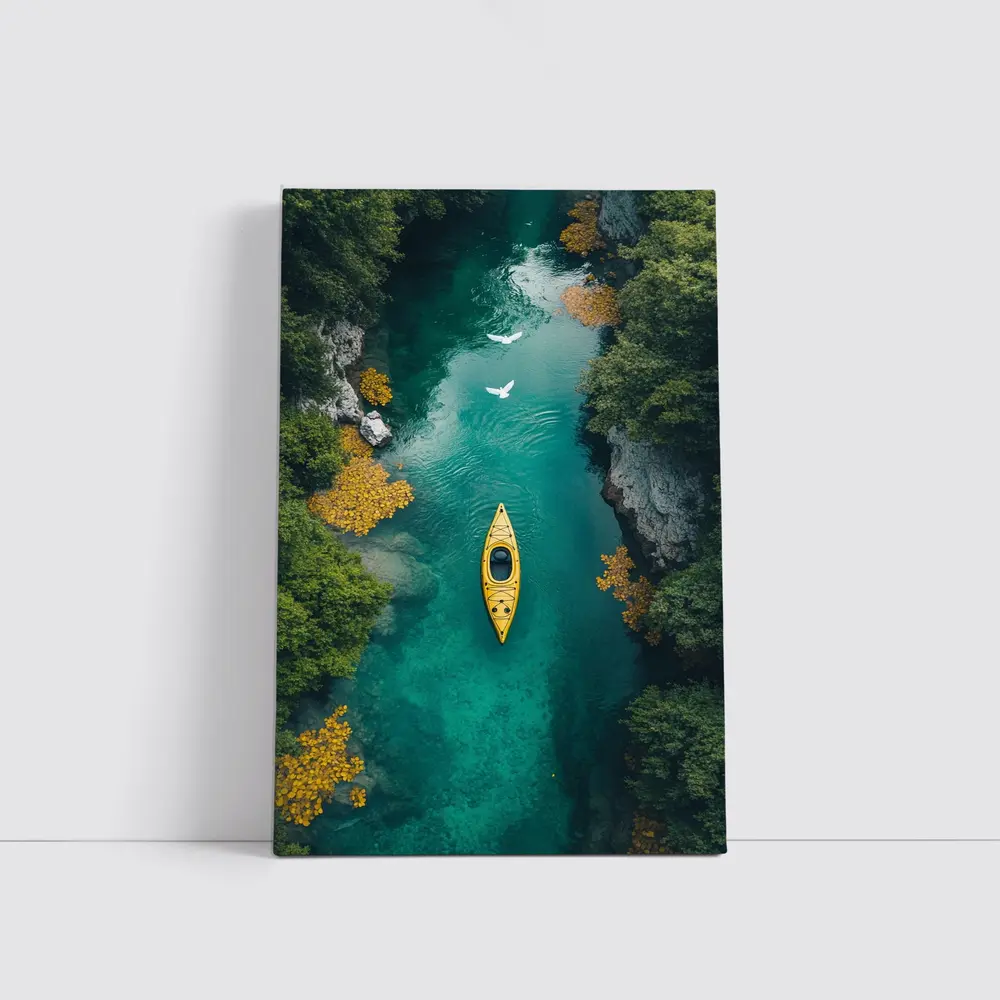 Yellow Kayak Aerial View Turquoise River – Wall Art